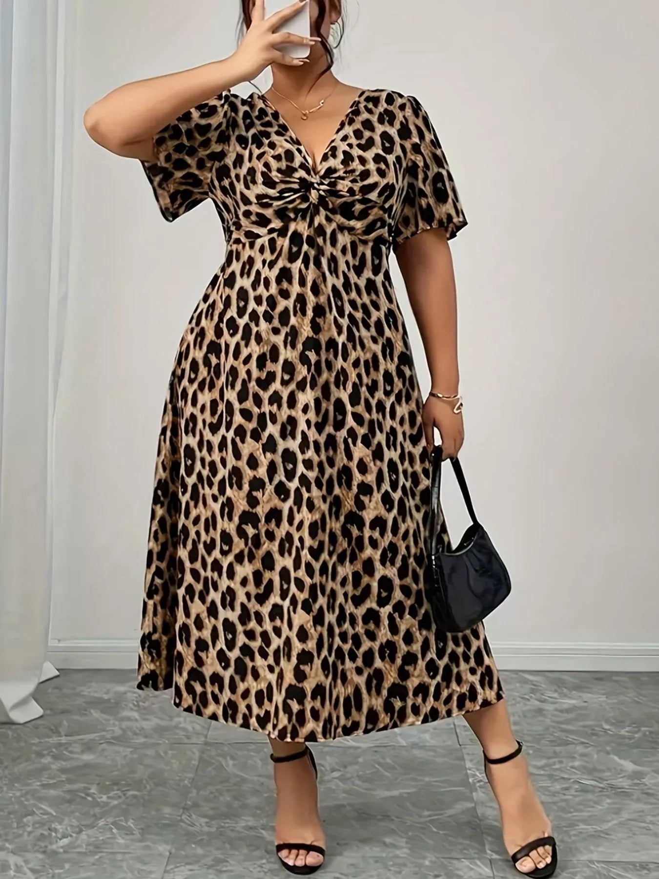 Plus Size Twisted Front Leopard Short Sleeve Dress-Dresses-Krush Kandy, Women's Online Fashion Boutique Located in Phoenix, Arizona (Scottsdale Area)