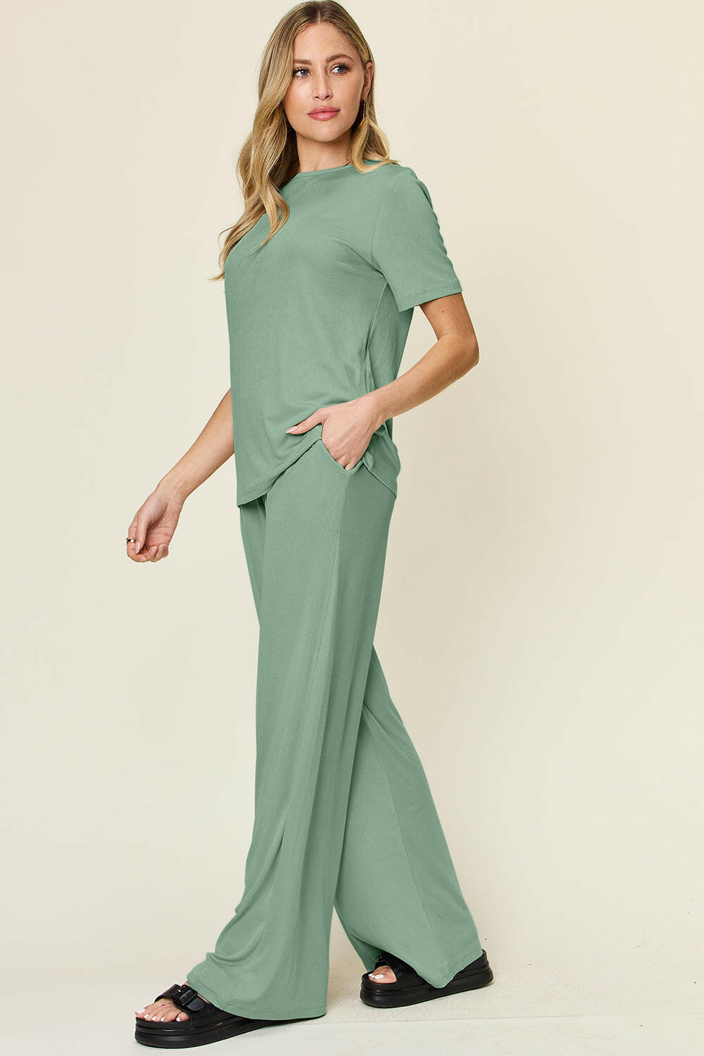 Double Take Full Size Round Neck Short Sleeve T-Shirt and Wide Leg Pants Set-Krush Kandy, Women's Online Fashion Boutique Located in Phoenix, Arizona (Scottsdale Area)