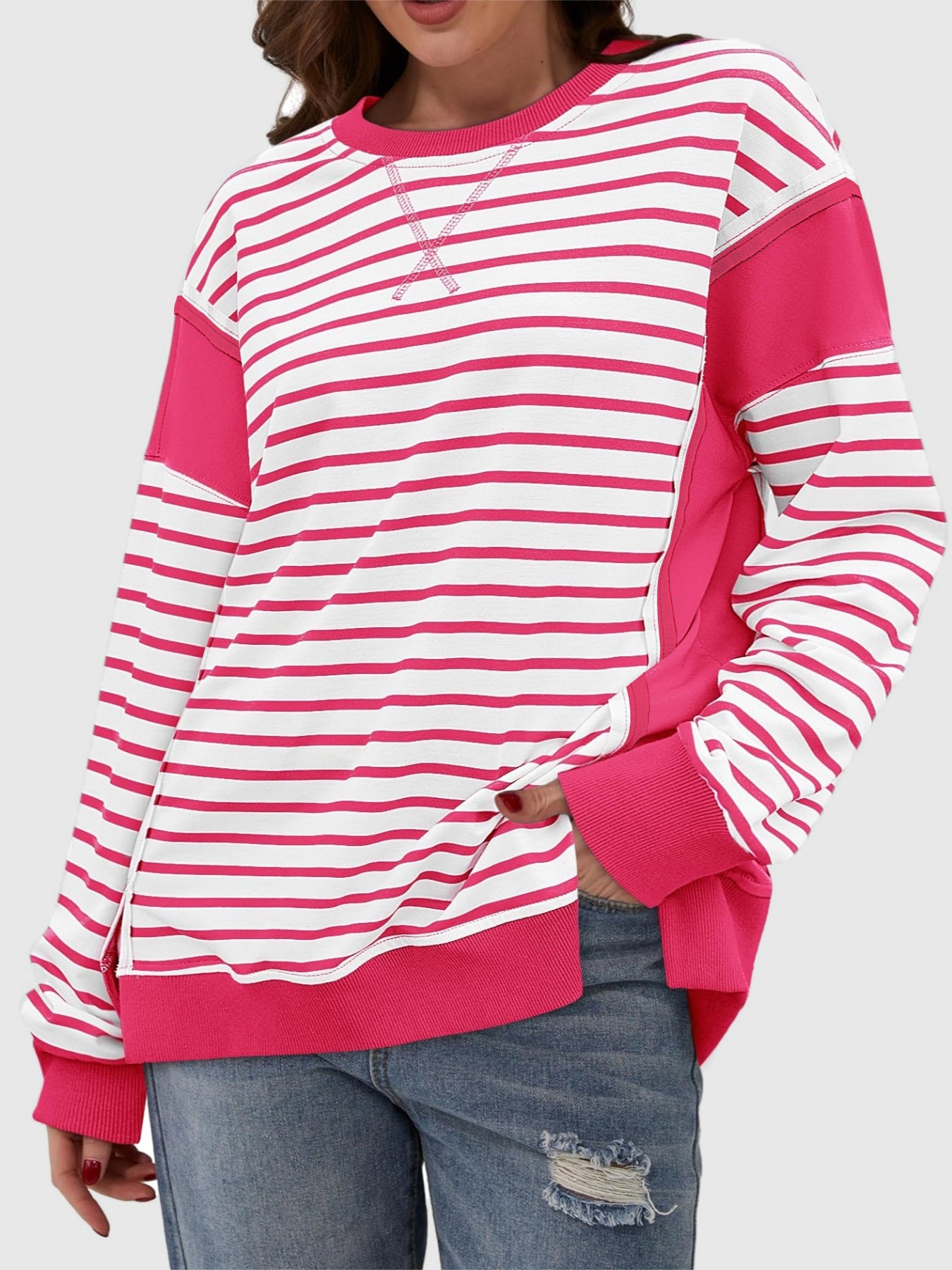 Slit Exposed Seam Striped Long Sleeve Sweatshirt-Sweaters-Krush Kandy, Women's Online Fashion Boutique Located in Phoenix, Arizona (Scottsdale Area)