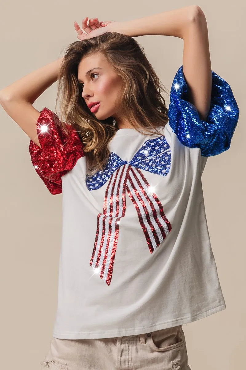 BiBi Sequin American Flag Bow Top-Tops-Krush Kandy, Women's Online Fashion Boutique Located in Phoenix, Arizona (Scottsdale Area)