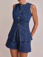Button Down Vest and Shorts Denim Set-2 Piece Outfit Sets-Krush Kandy, Women's Online Fashion Boutique Located in Phoenix, Arizona (Scottsdale Area)