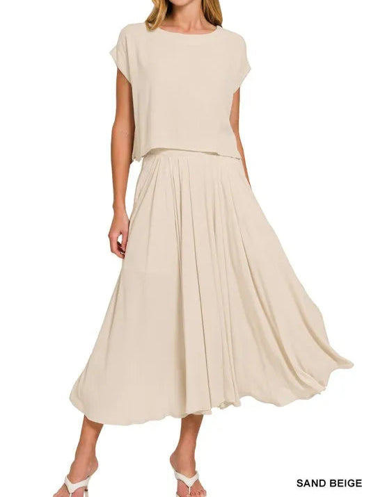 Woven Crinkle Gauze Crop Tee and Skirt Set-2 Piece Outfit Sets-Krush Kandy, Women's Online Fashion Boutique Located in Phoenix, Arizona (Scottsdale Area)