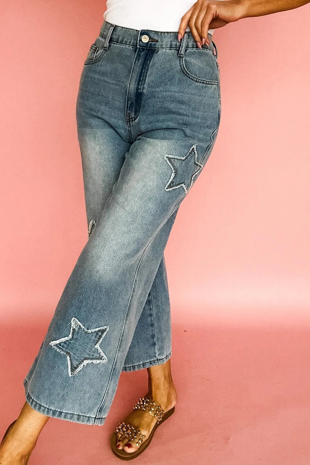 Star Embroidered Wide Leg Jeans | Krush Kandy