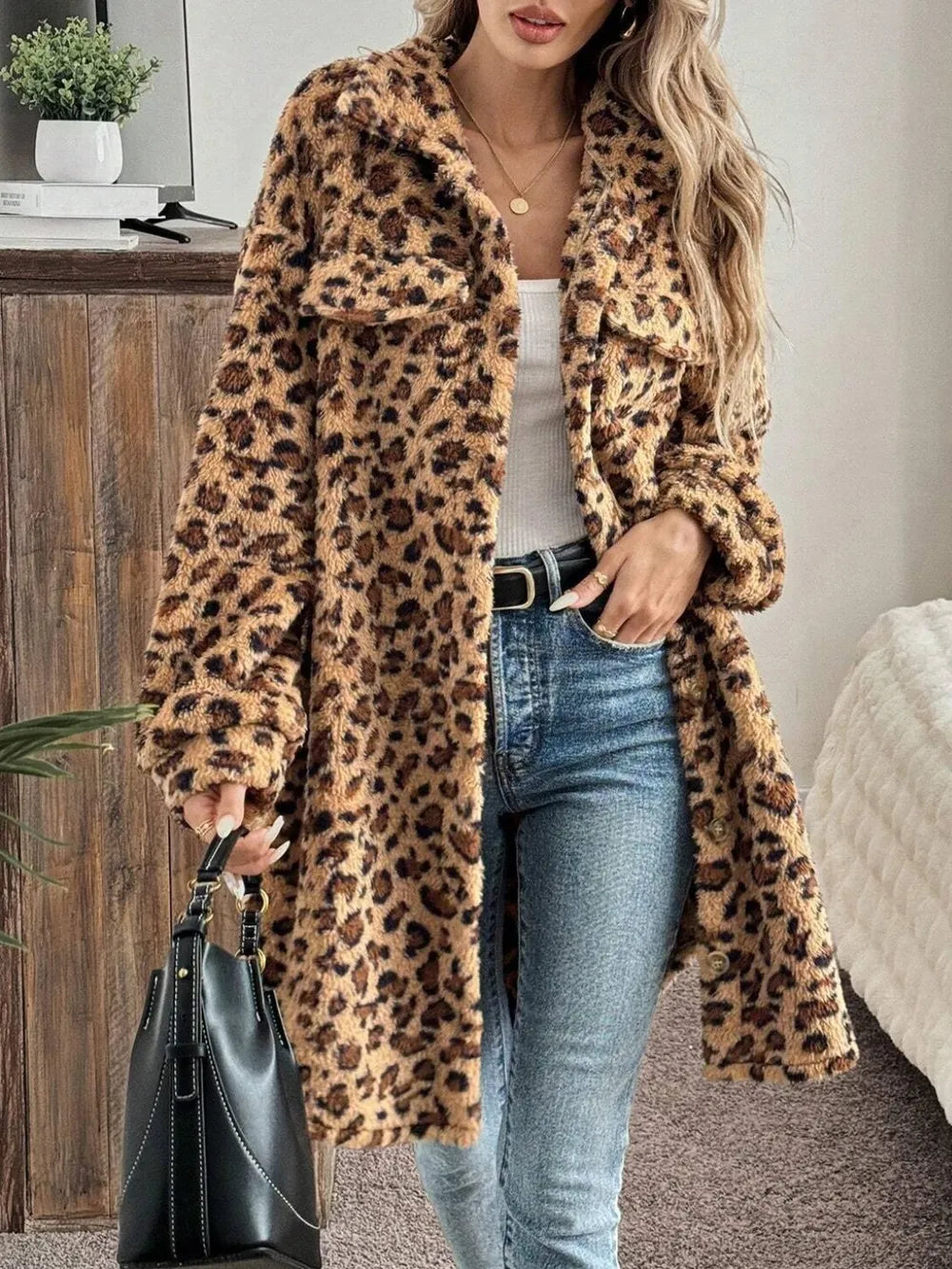 Leopard Button Up Long Sleeve Fuzzy Coat-Jacket-Krush Kandy, Women's Online Fashion Boutique Located in Phoenix, Arizona (Scottsdale Area)