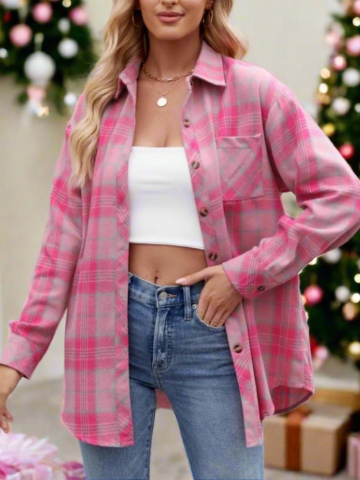 Mandy Pocketed Plaid Collared Neck Long Sleeve Shirt-Krush Kandy, Women's Online Fashion Boutique Located in Phoenix, Arizona (Scottsdale Area)