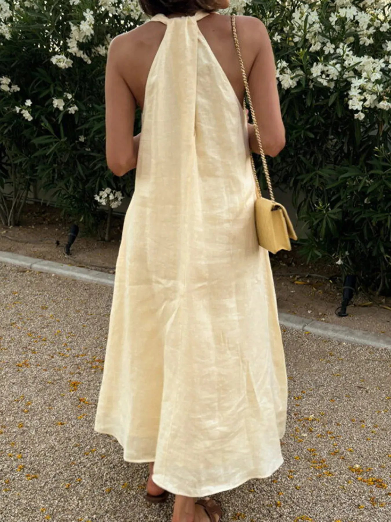 Halter V-Neck Linen Midi Dress-Krush Kandy, Women's Online Fashion Boutique Located in Phoenix, Arizona (Scottsdale Area)