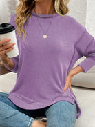 Side Slit Round Neck Dropped Shoulder Sweatshirt-Sweaters-Krush Kandy, Women's Online Fashion Boutique Located in Phoenix, Arizona (Scottsdale Area)