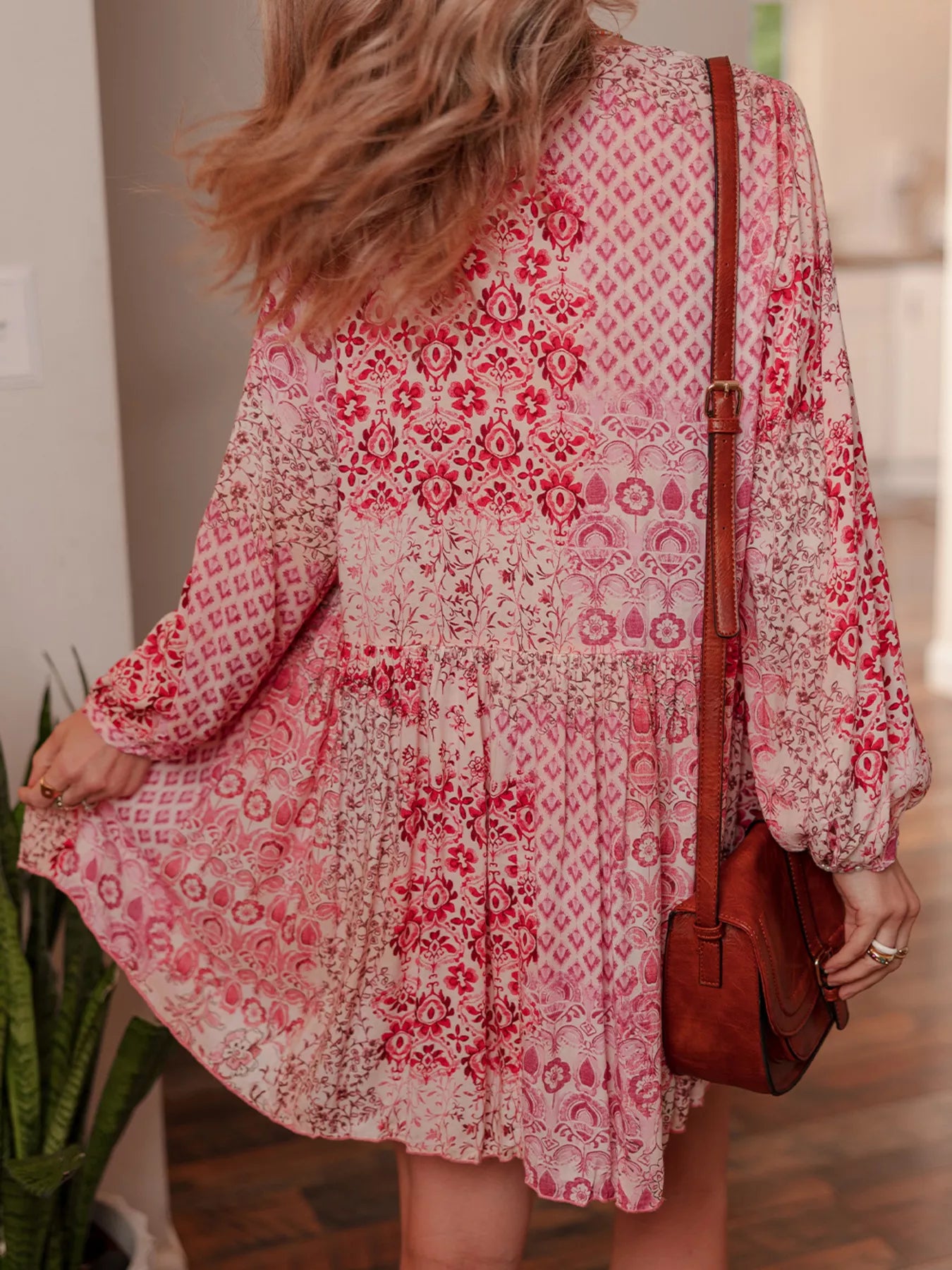 loral Print Tassel Tie Long Sleeve Flowy Mini Dress-Dresses-Krush Kandy, Women's Online Fashion Boutique Located in Phoenix, Arizona (Scottsdale Area)