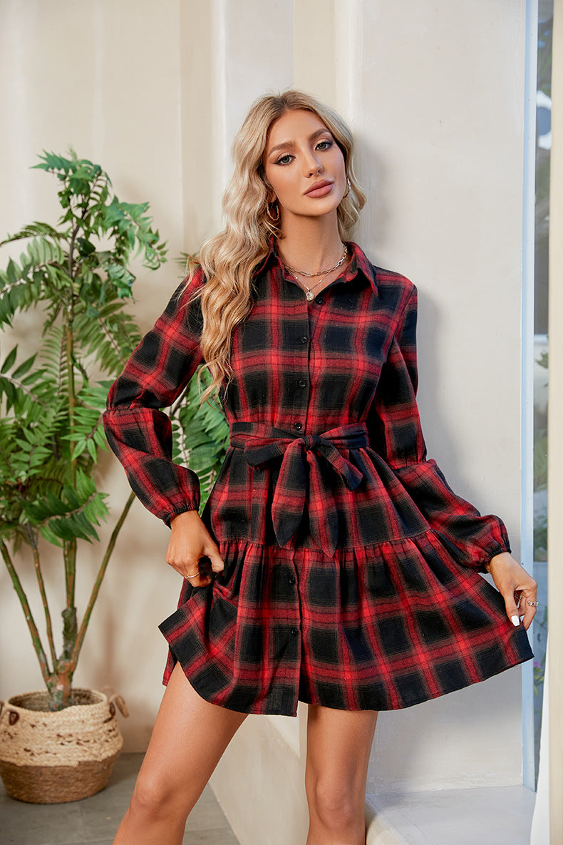 Plaid Print Tie Waist Collared Neck Shirt Dress-Dresses-Krush Kandy, Women's Online Fashion Boutique Located in Phoenix, Arizona (Scottsdale Area)