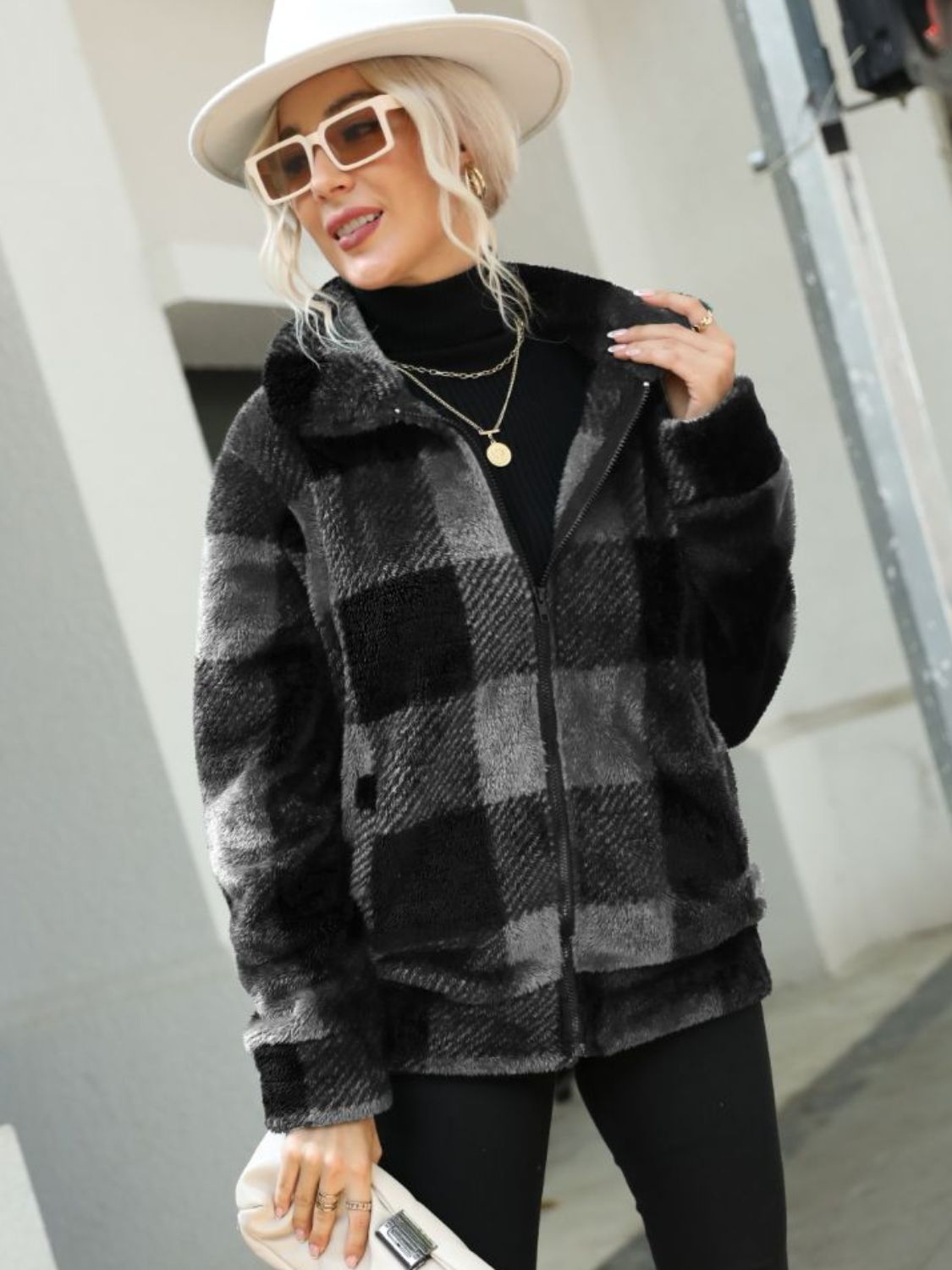 Plaid Zip-Up Collared Jacket-Krush Kandy, Women's Online Fashion Boutique Located in Phoenix, Arizona (Scottsdale Area)