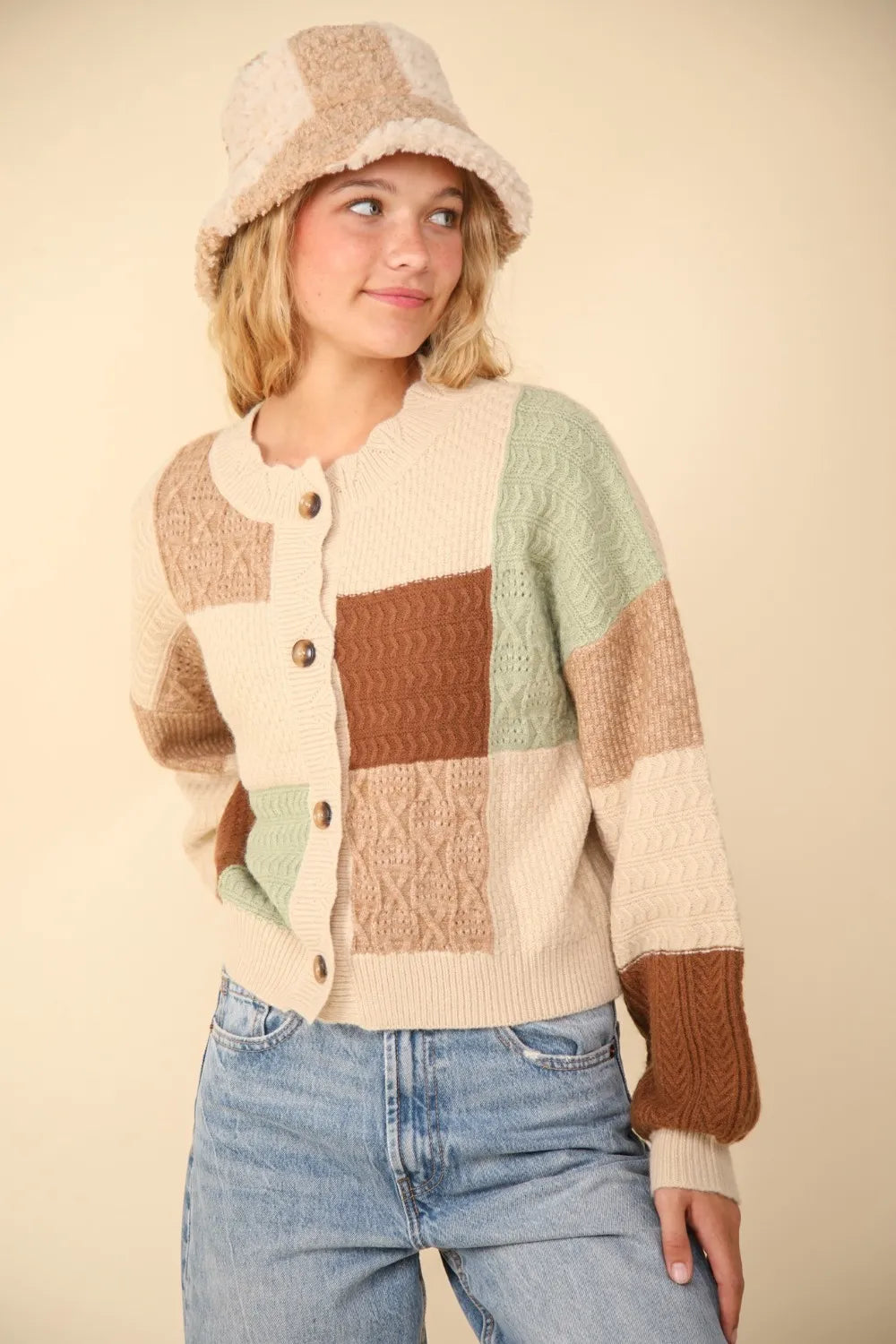 VERY J Color Block Button Down Textured Sweater Cardigan-Cardigans-Krush Kandy, Women's Online Fashion Boutique Located in Phoenix, Arizona (Scottsdale Area)