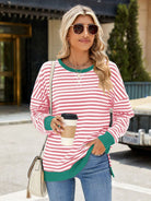 Slit Striped Round Neck Long Sleeve Sweatshirt-Krush Kandy, Women's Online Fashion Boutique Located in Phoenix, Arizona (Scottsdale Area)