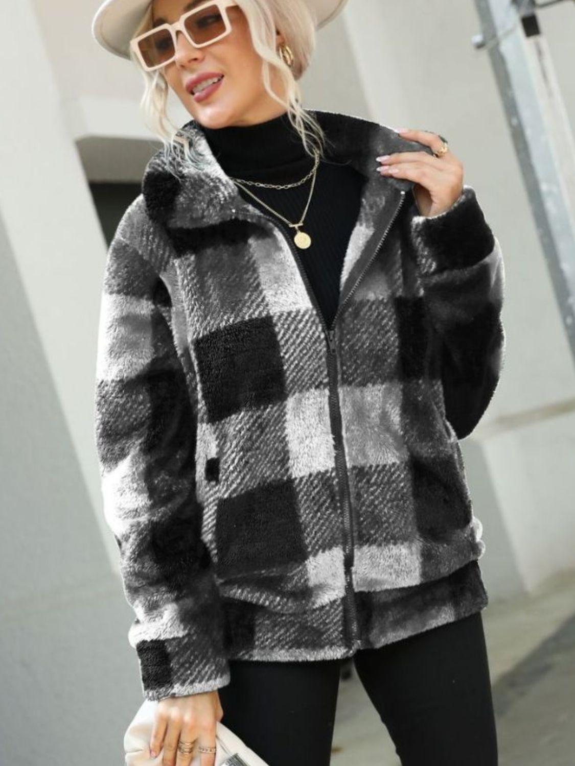 Plaid Zip Up Collared Jacket