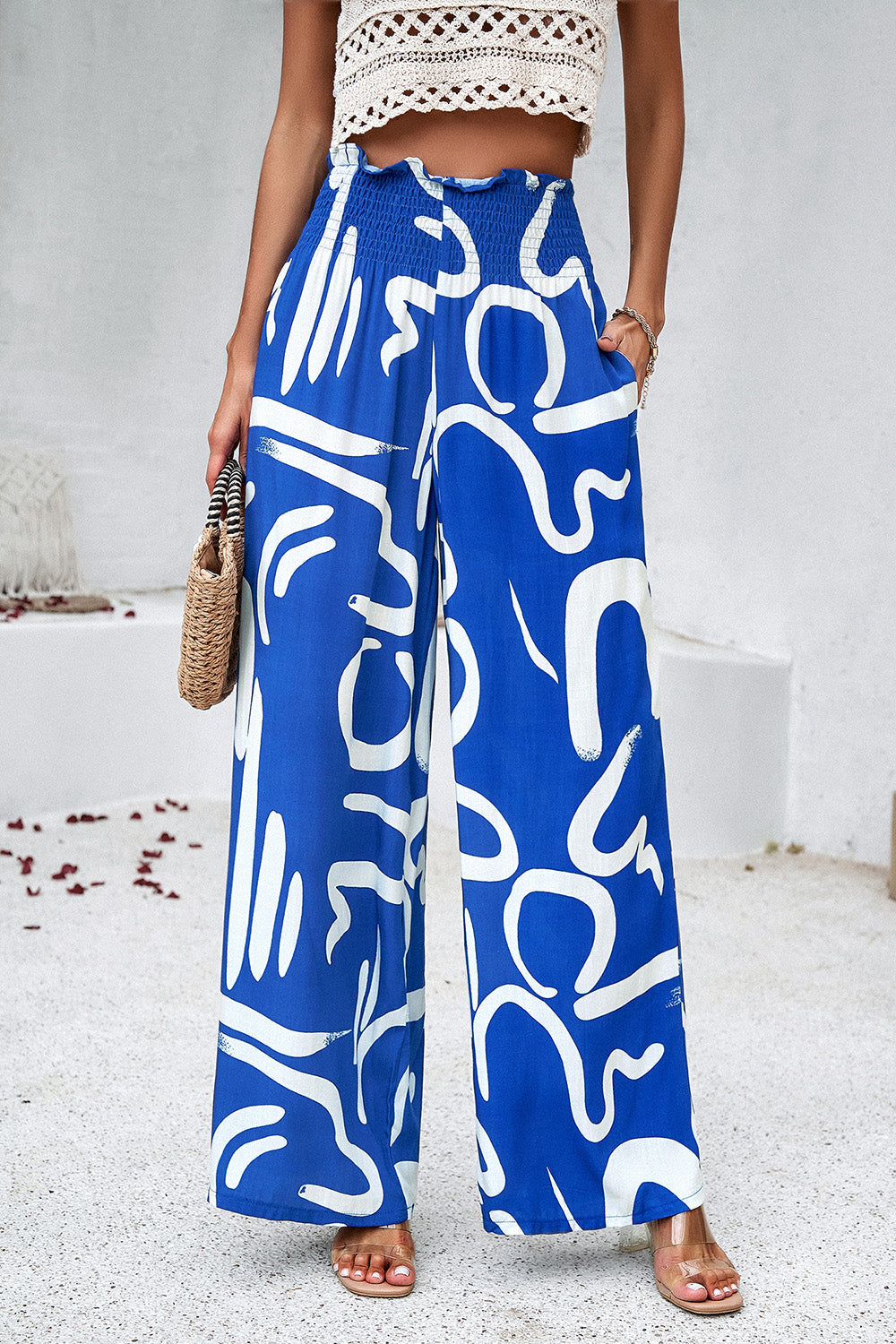 Smocked Printed Wide Leg Pants with Pockets-Pants-Krush Kandy, Women's Online Fashion Boutique Located in Phoenix, Arizona (Scottsdale Area)