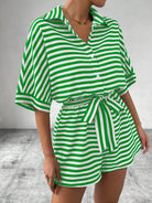 Tie Waist Half Button Striped Romper-Jumpsuits & Rompers-Krush Kandy, Women's Online Fashion Boutique Located in Phoenix, Arizona (Scottsdale Area)