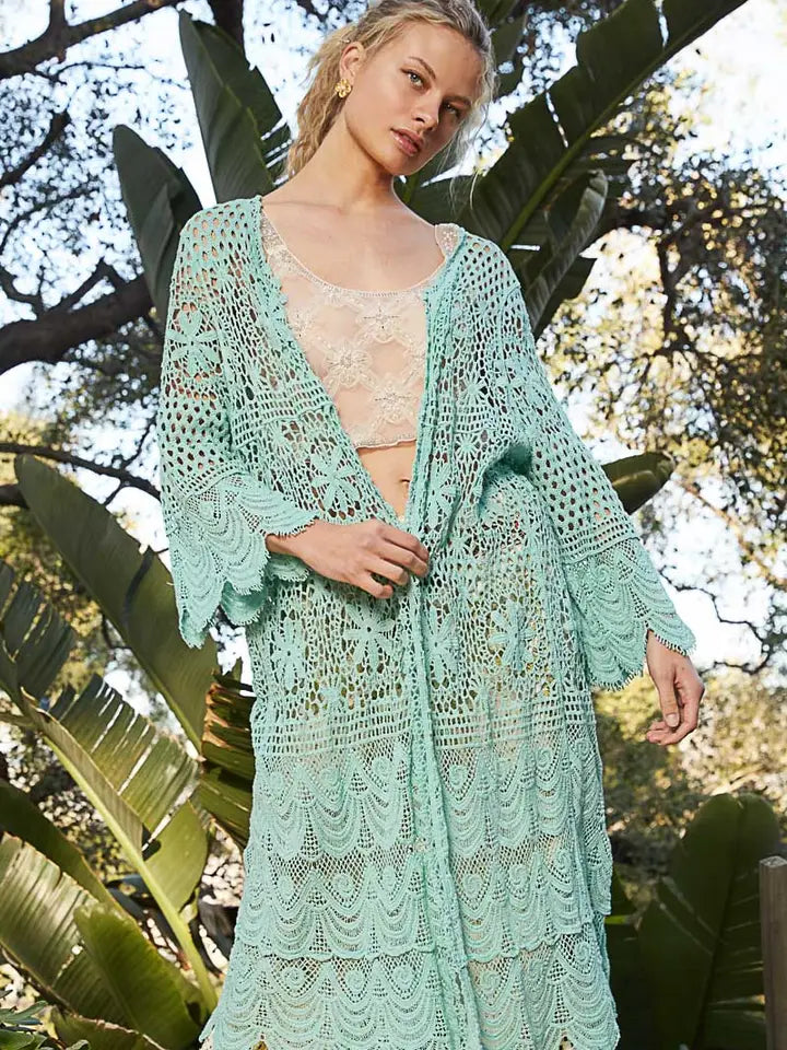 Crochet Bell Sleeve Long Open Cardigan-Kimono-Krush Kandy, Women's Online Fashion Boutique Located in Phoenix, Arizona (Scottsdale Area)