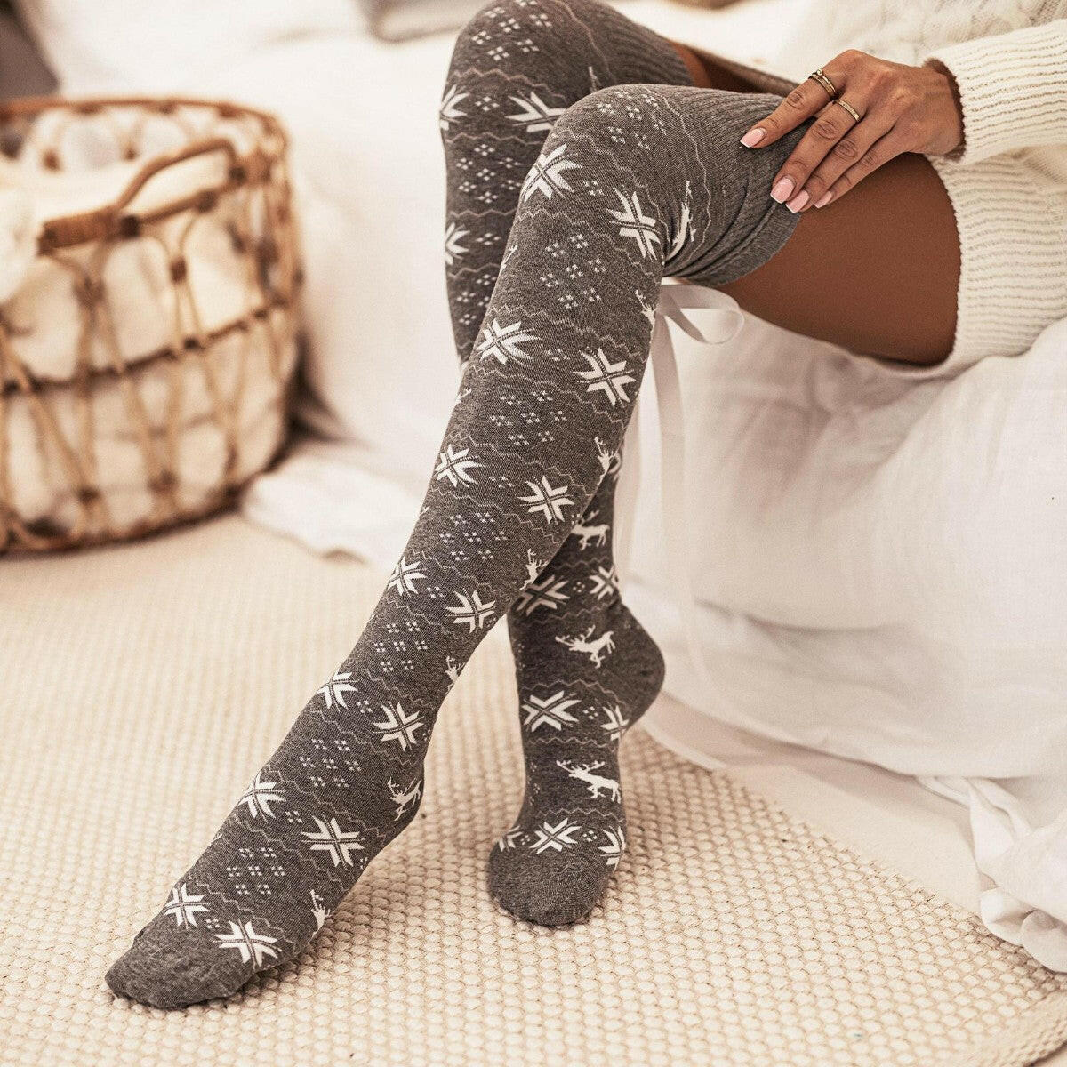 Christmas Element Bowknot Ribbed Trim Over Knee Stockings-Accessories-Krush Kandy, Women's Online Fashion Boutique Located in Phoenix, Arizona (Scottsdale Area)