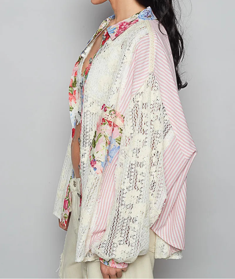 POL Lace Long Sleeve Shirt with Floral and Striped Pattern-Cardigan-Krush Kandy, Women's Online Fashion Boutique Located in Phoenix, Arizona (Scottsdale Area)