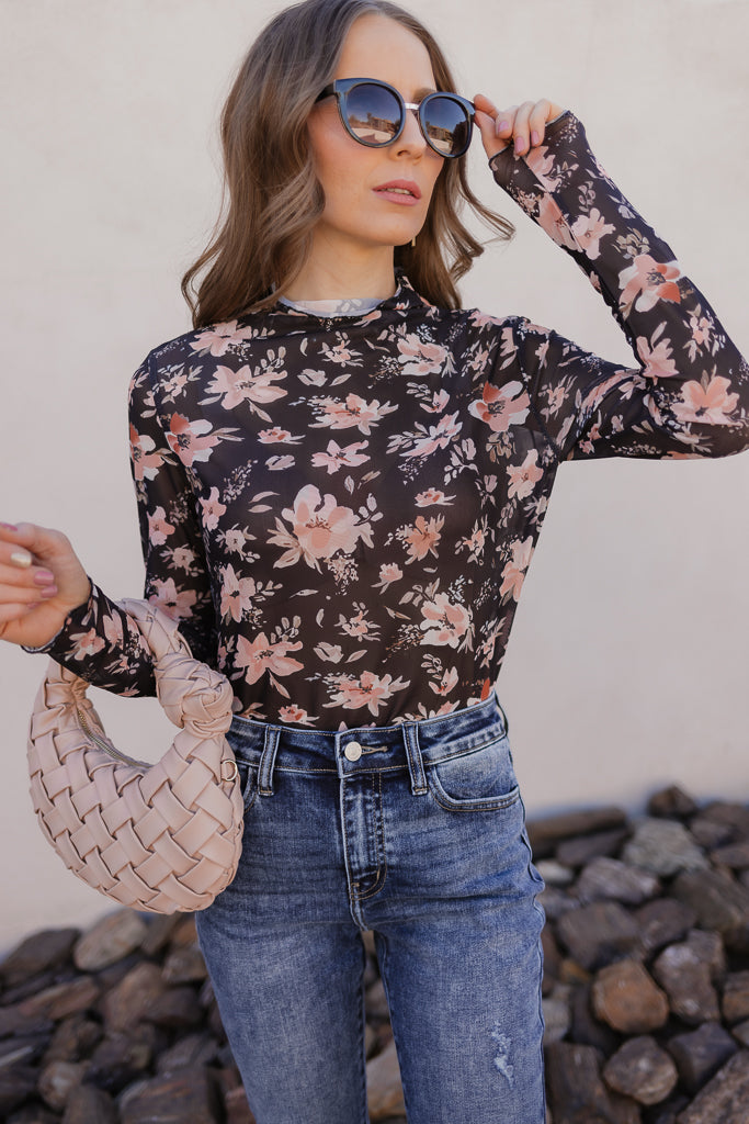 Blossom Charm Floral Mesh Top-Long Sleeve Tops-Krush Kandy, Women's Online Fashion Boutique Located in Phoenix, Arizona (Scottsdale Area)