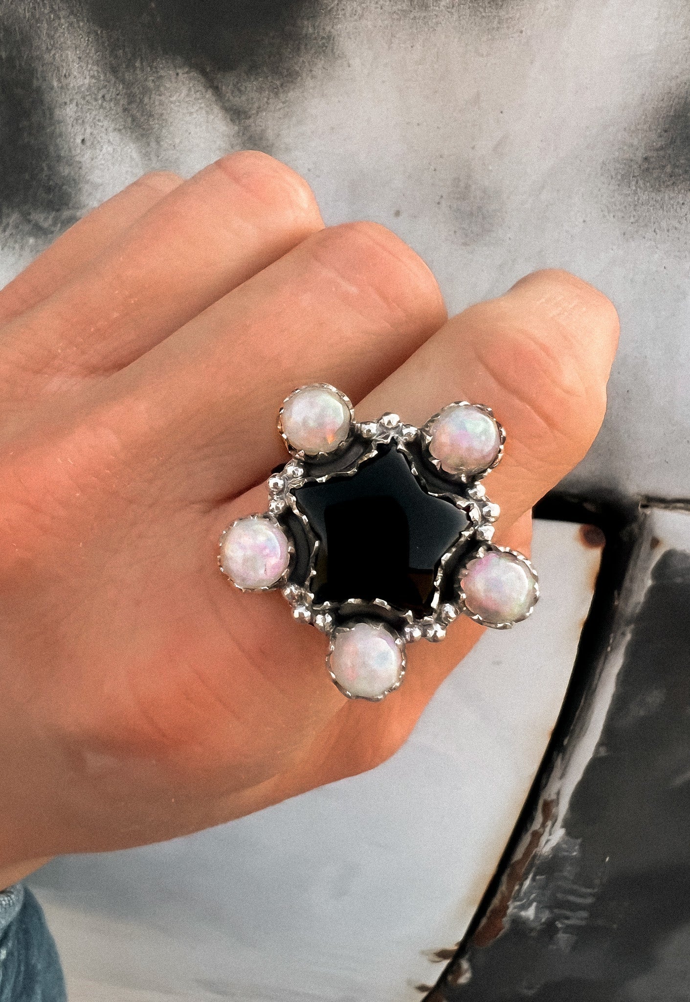 Mini White Opal & Black Onyx Star Cluster Ring-Krush Kandy, Women's Online Fashion Boutique Located in Phoenix, Arizona (Scottsdale Area)