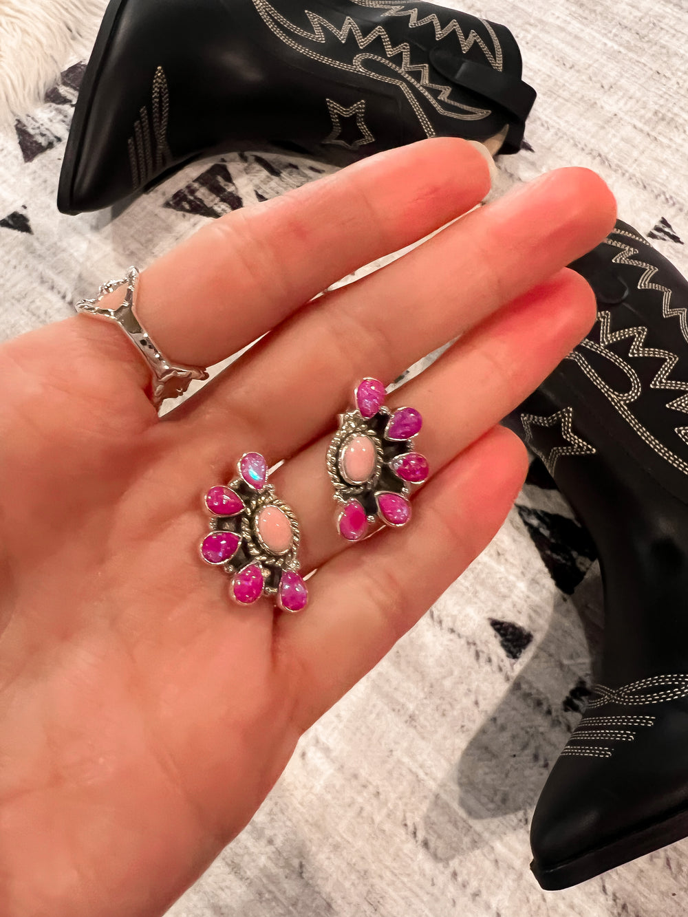 Krush Original | Barbie's Half Cluster Neon Pink Opal & Pink Conch Earrings-Earrings-Krush Kandy, Women's Online Fashion Boutique Located in Phoenix, Arizona (Scottsdale Area)