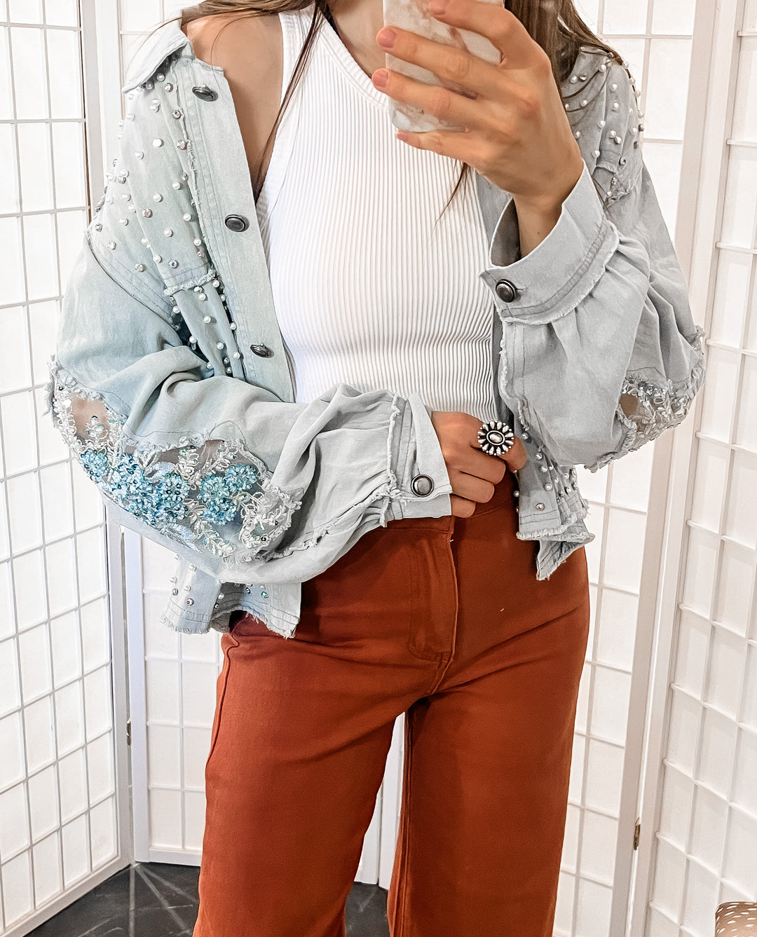 POL Oversize Embellished Pearl Stone Beaded Shacket-Long Sleeve Tops-Krush Kandy, Women's Online Fashion Boutique Located in Phoenix, Arizona (Scottsdale Area)