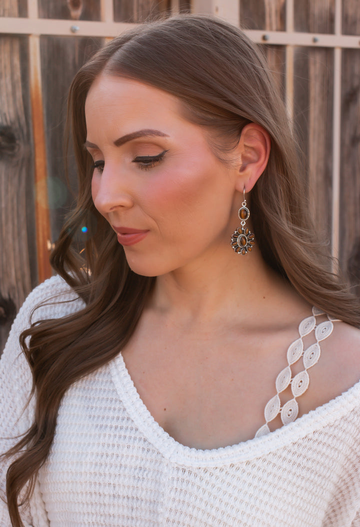 Tigers Eye Blossom Drop Sterling Silver Stone Earrings | PRE ORDER NOW OPEN!-Earrings-Krush Kandy, Women's Online Fashion Boutique Located in Phoenix, Arizona (Scottsdale Area)