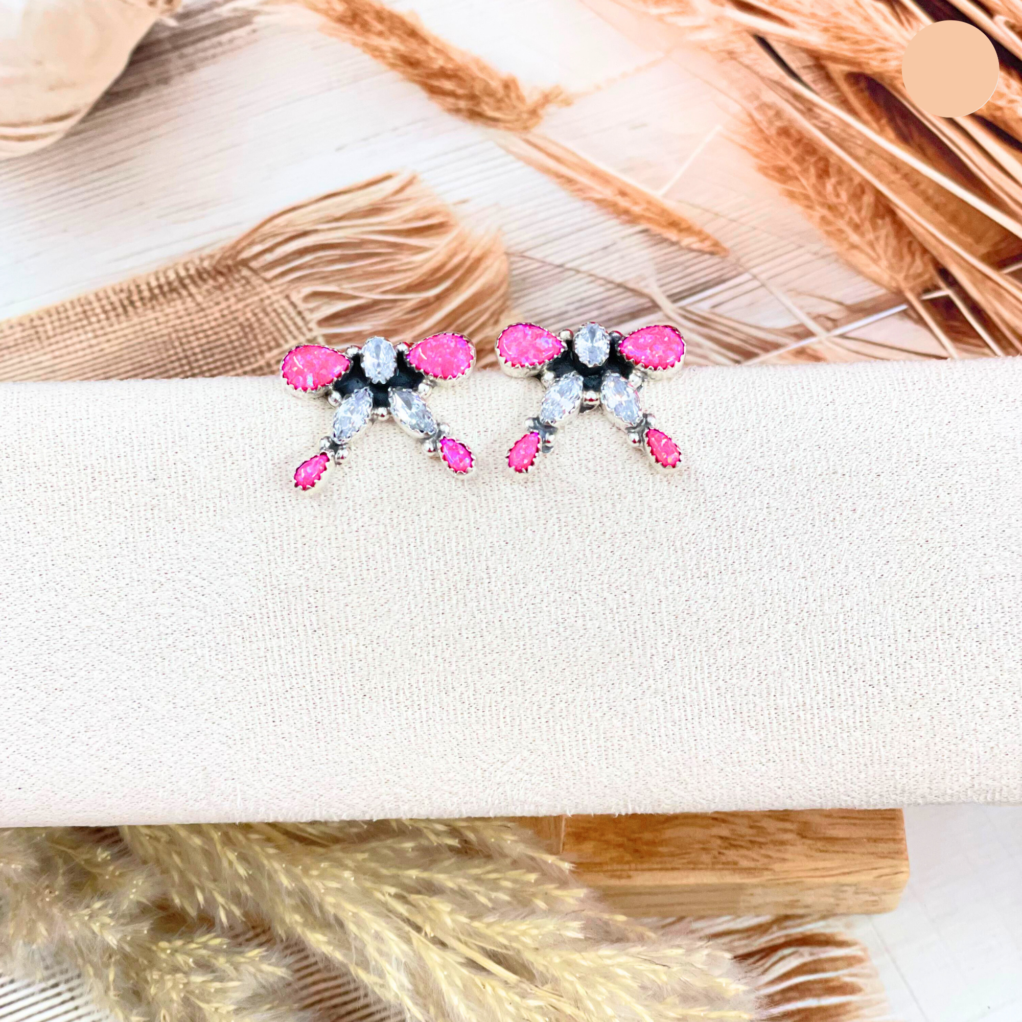 Neon Pink Opal & Crystal Bow Earrings-Stud Earrings-Krush Kandy, Women's Online Fashion Boutique Located in Phoenix, Arizona (Scottsdale Area)