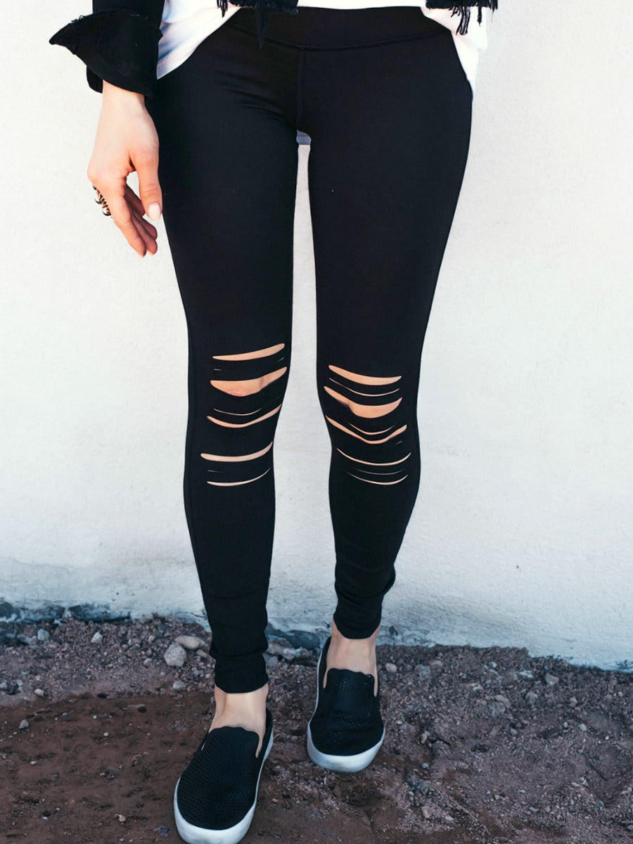 No Need To Stress Distressed Knee High Waist Leggings Krush Kandy