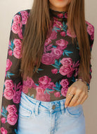 Midnight Rose Mesh Top-Long Sleeve Tops-Krush Kandy, Women's Online Fashion Boutique Located in Phoenix, Arizona (Scottsdale Area)