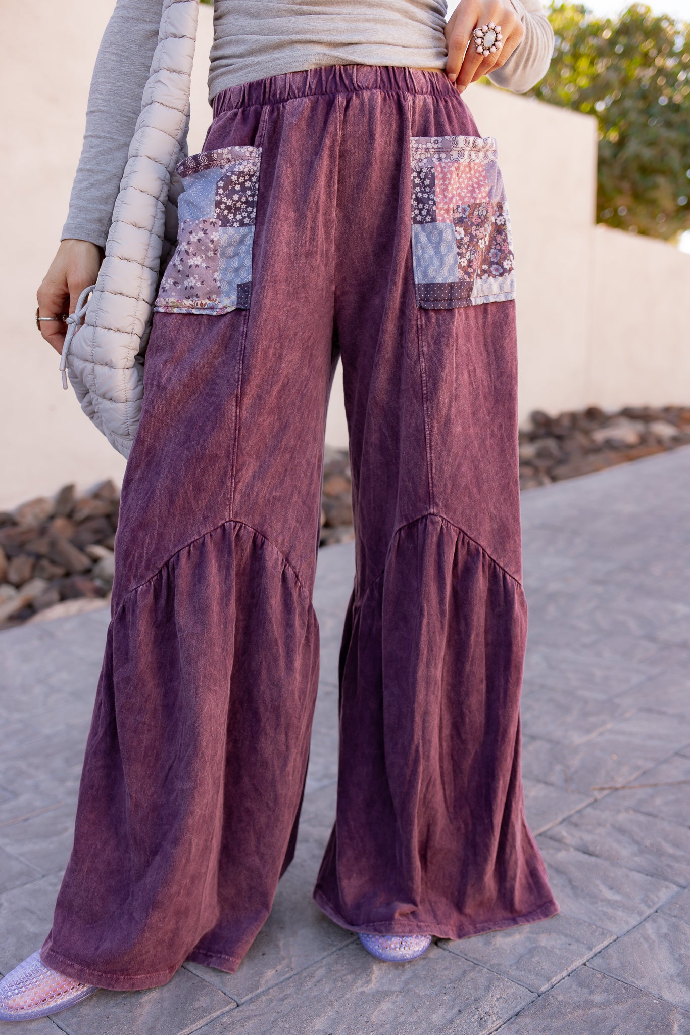 J.HER Mineral Washed Cotton Print Pocket Wide-Leg Flare Pants | S-XL-Pants-Krush Kandy, Women's Online Fashion Boutique Located in Phoenix, Arizona (Scottsdale Area)
