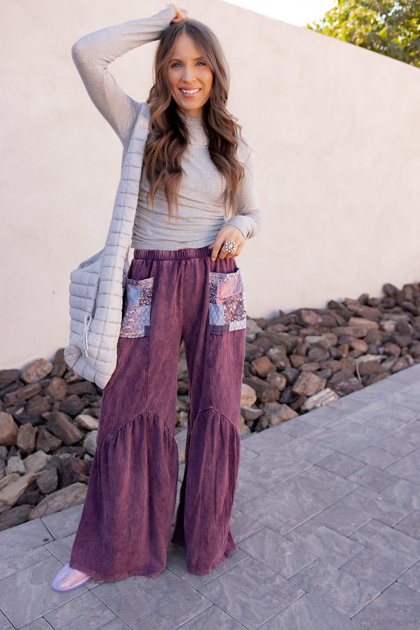 J.HER Mineral Washed Cotton Print Pocket Wide-Leg Flare Pants | S-XL-Pants-Krush Kandy, Women's Online Fashion Boutique Located in Phoenix, Arizona (Scottsdale Area)
