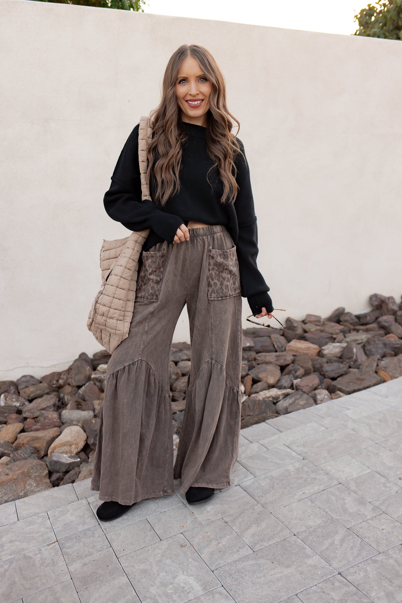 J.HER Mineral Washed Cotton Print Pocket Wide-Leg Flare Pants | S-XL-Pants-Krush Kandy, Women's Online Fashion Boutique Located in Phoenix, Arizona (Scottsdale Area)