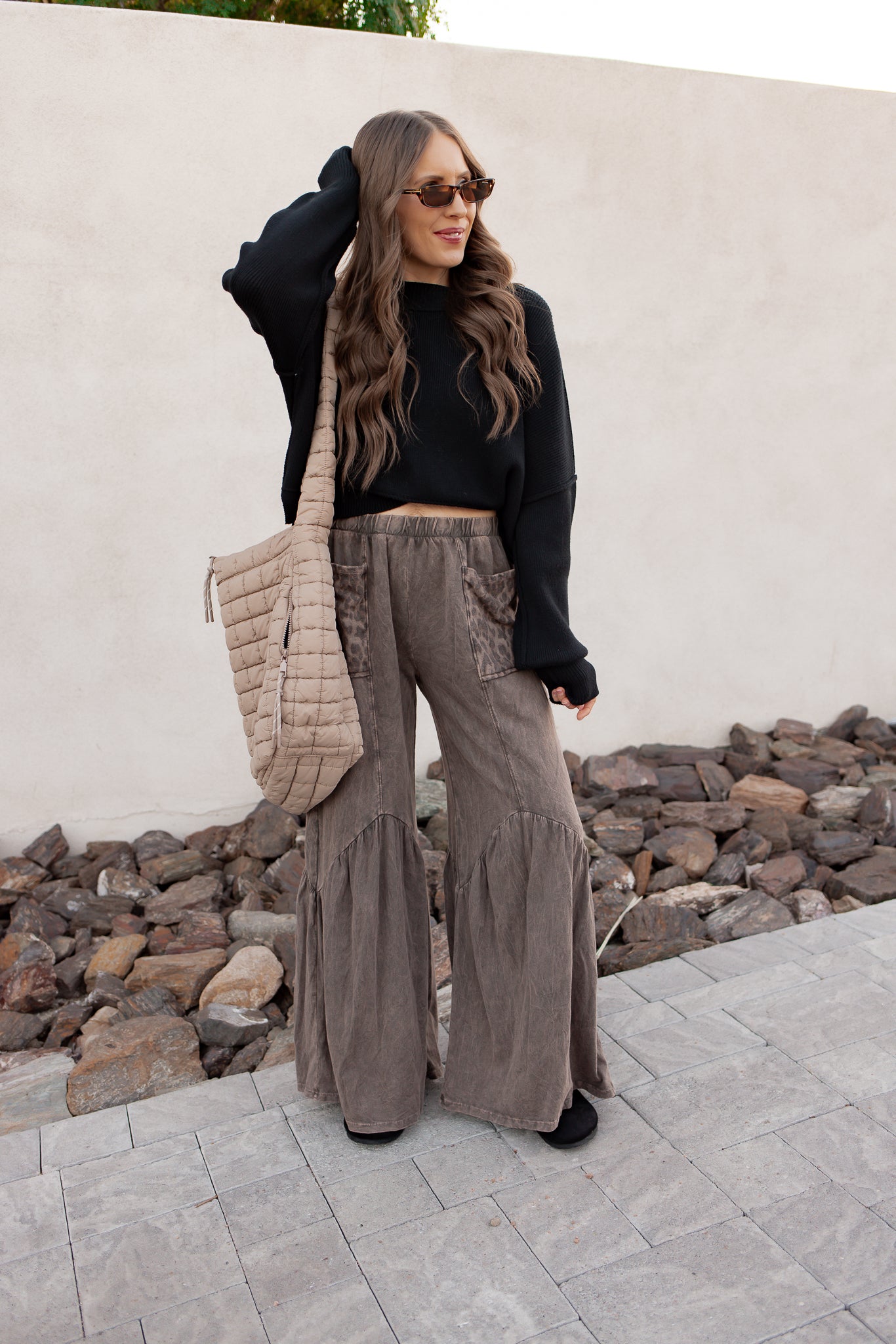 J.HER Mineral Washed Cotton Print Pocket Wide-Leg Flare Pants | S-XL-Pants-Krush Kandy, Women's Online Fashion Boutique Located in Phoenix, Arizona (Scottsdale Area)