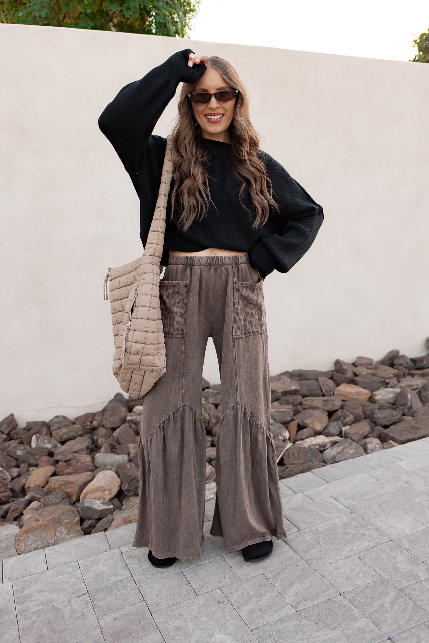 J.HER Mineral Washed Cotton Print Pocket Wide-Leg Flare Pants | S-XL-Pants-Krush Kandy, Women's Online Fashion Boutique Located in Phoenix, Arizona (Scottsdale Area)