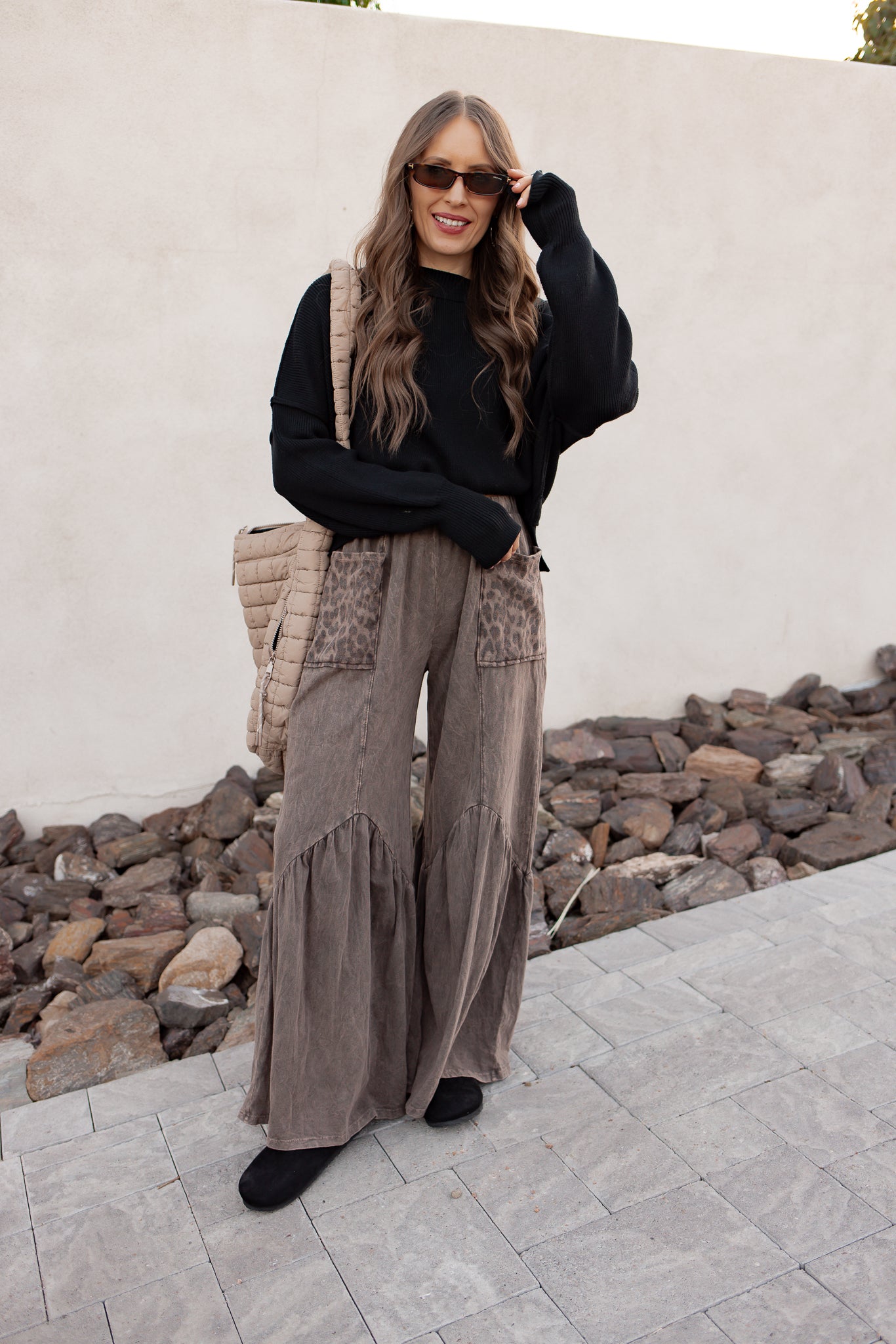 J.HER Mineral Washed Cotton Print Pocket Wide-Leg Flare Pants | S-XL-Pants-Krush Kandy, Women's Online Fashion Boutique Located in Phoenix, Arizona (Scottsdale Area)