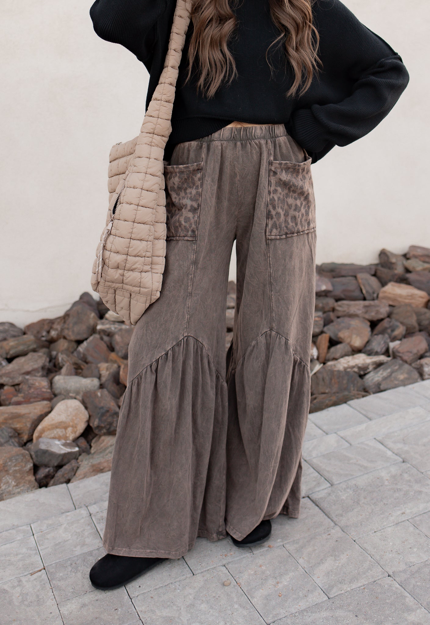 J.HER Mineral Washed Cotton Print Pocket Wide-Leg Flare Pants | S-XL-Pants-Krush Kandy, Women's Online Fashion Boutique Located in Phoenix, Arizona (Scottsdale Area)