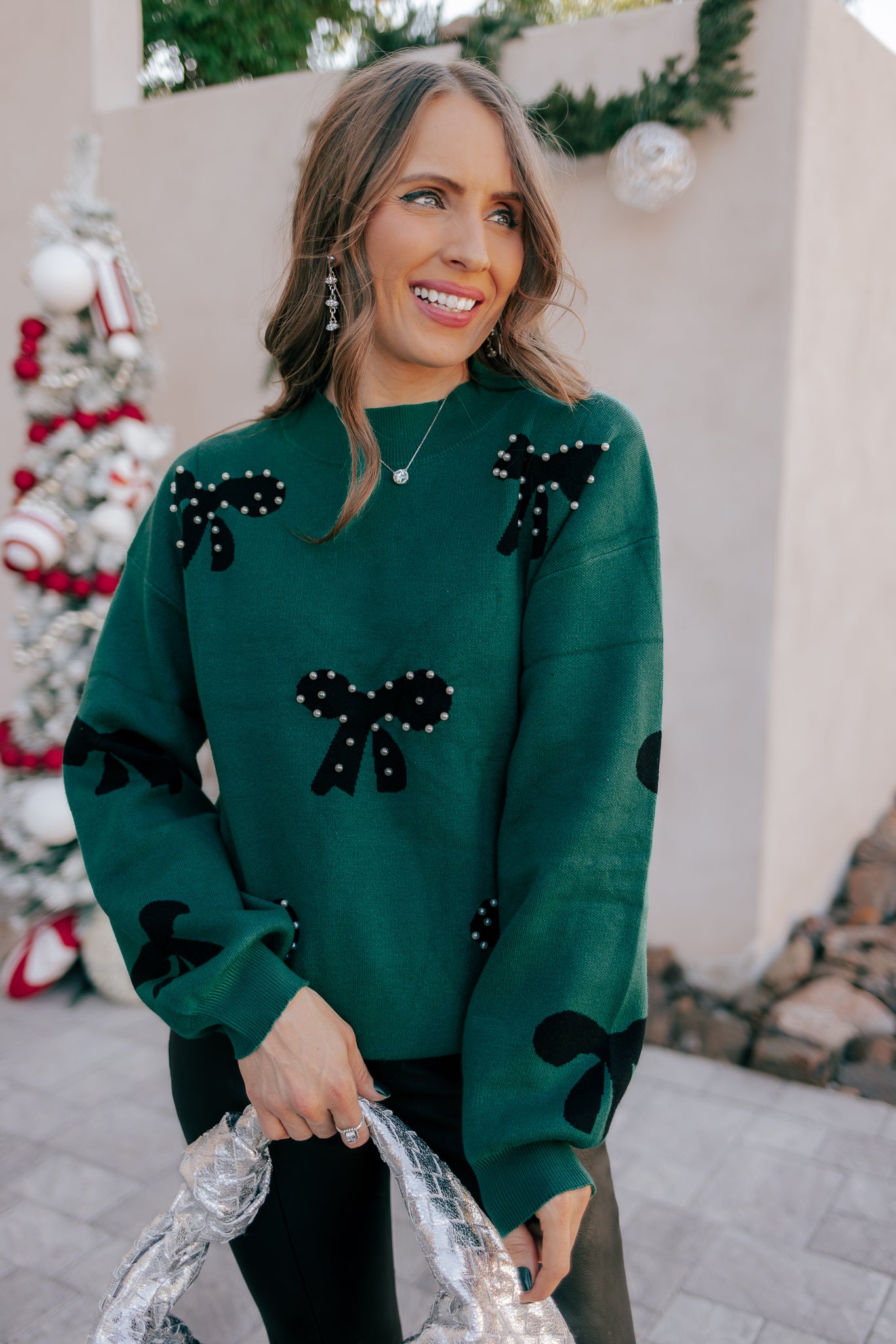 Pearl Embellished Bow Pattern Loose Sweater-Sweater-Krush Kandy, Women's Online Fashion Boutique Located in Phoenix, Arizona (Scottsdale Area)