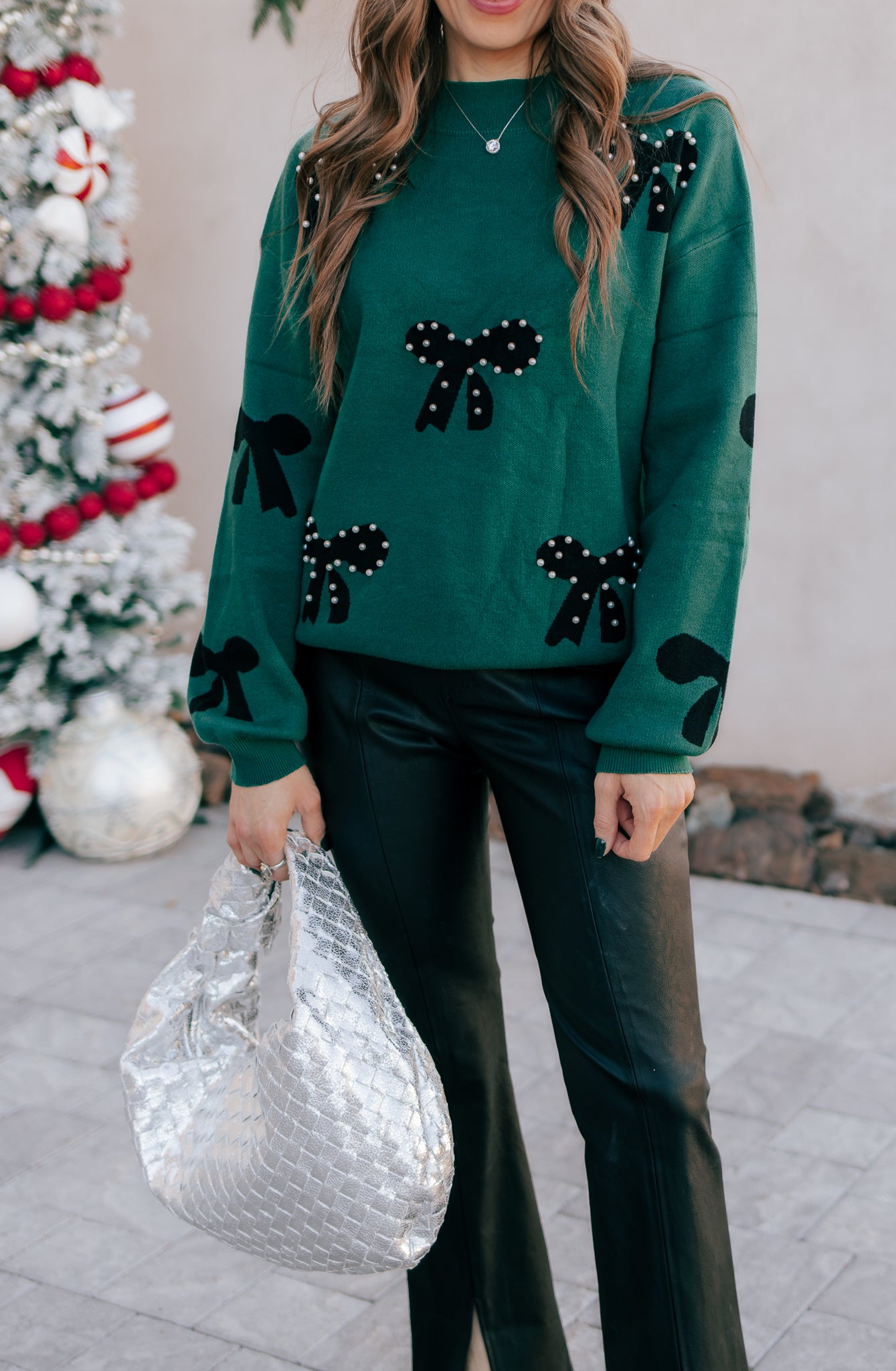Pearl Embellished Bow Pattern Loose Sweater-Sweater-Krush Kandy, Women's Online Fashion Boutique Located in Phoenix, Arizona (Scottsdale Area)