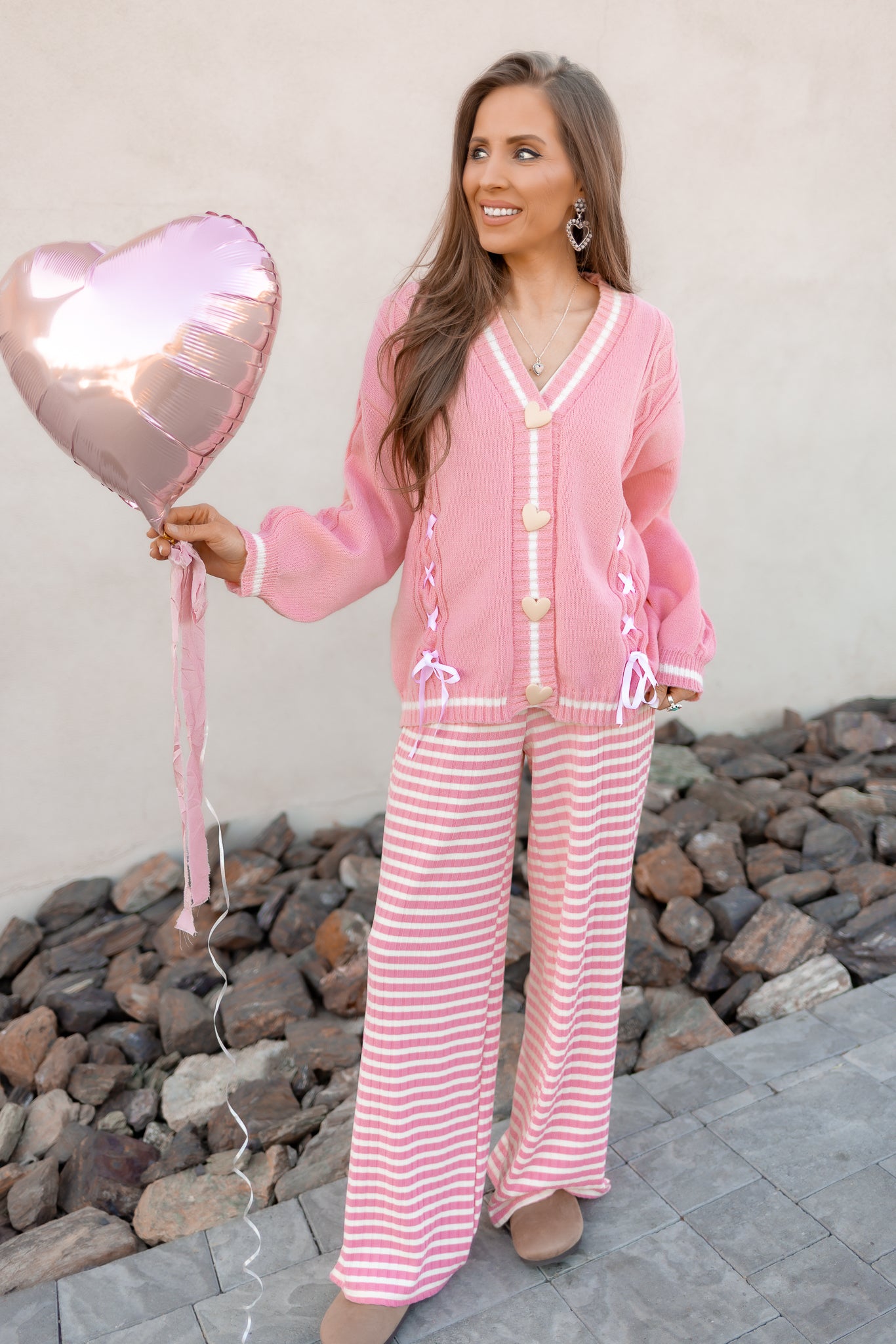 Cable Knit Ribbon Hearts Cardigan with Contrast Stitching