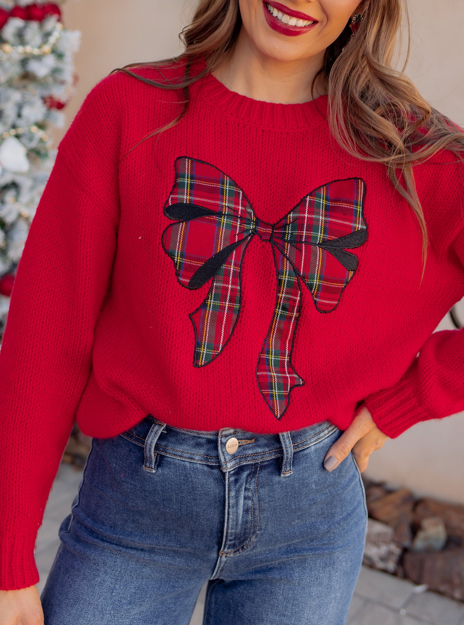 Plaid Bow Holiday Sweater \ KKB EXCLUSIVE XS-3X-Sweater-Krush Kandy, Women's Online Fashion Boutique Located in Phoenix, Arizona (Scottsdale Area)