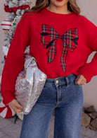 Plaid Bow Holiday Sweater \ KKB EXCLUSIVE XS-3X-Sweater-Krush Kandy, Women's Online Fashion Boutique Located in Phoenix, Arizona (Scottsdale Area)