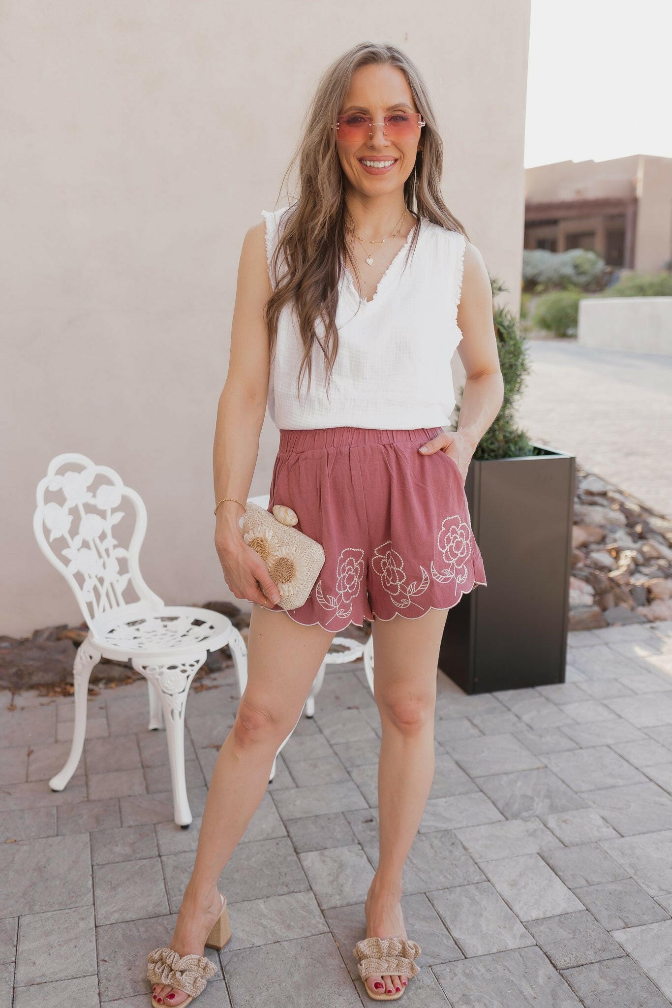 Umgee Full Size Linen Blend Shorts with Floral Embroidered Details Plus Size