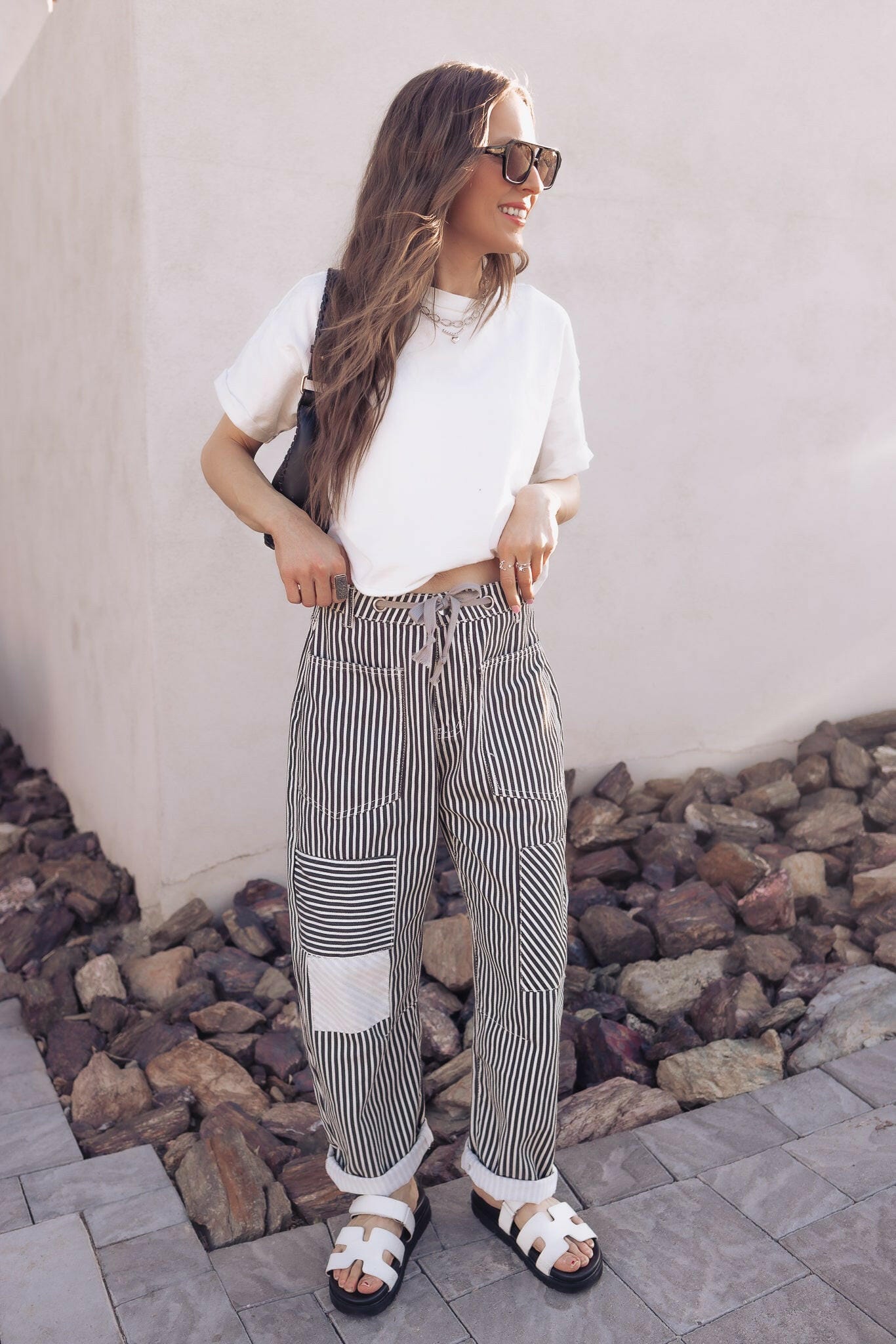 Patchwork Striped Pants with Adjustable Drawstring Waistband