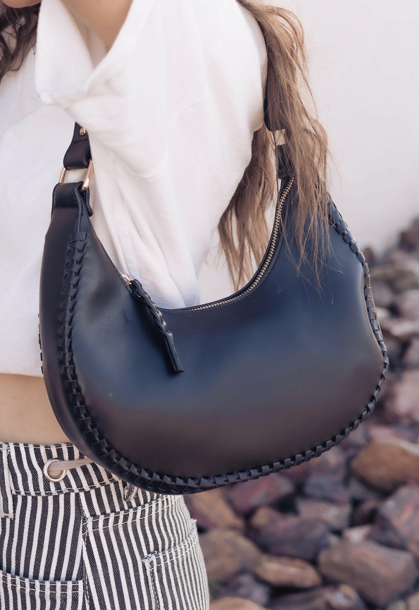 Aria Whipstitch Crescent Shoulder Bag-handbags-Krush Kandy, Women's Online Fashion Boutique Located in Phoenix, Arizona (Scottsdale Area)