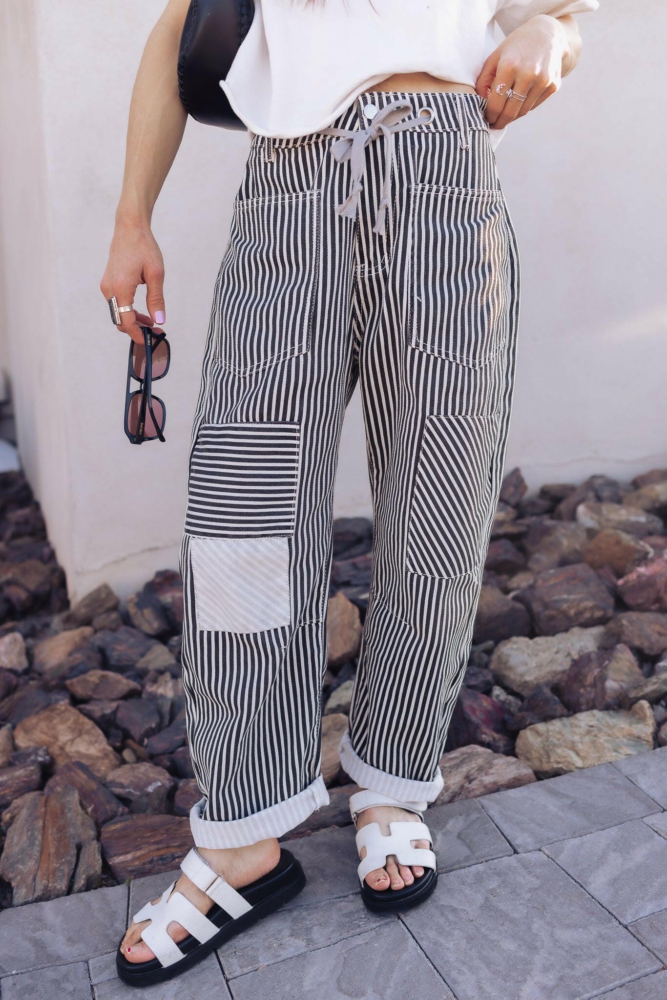 Patchwork Striped Pants with Adjustable Drawstring Waistband