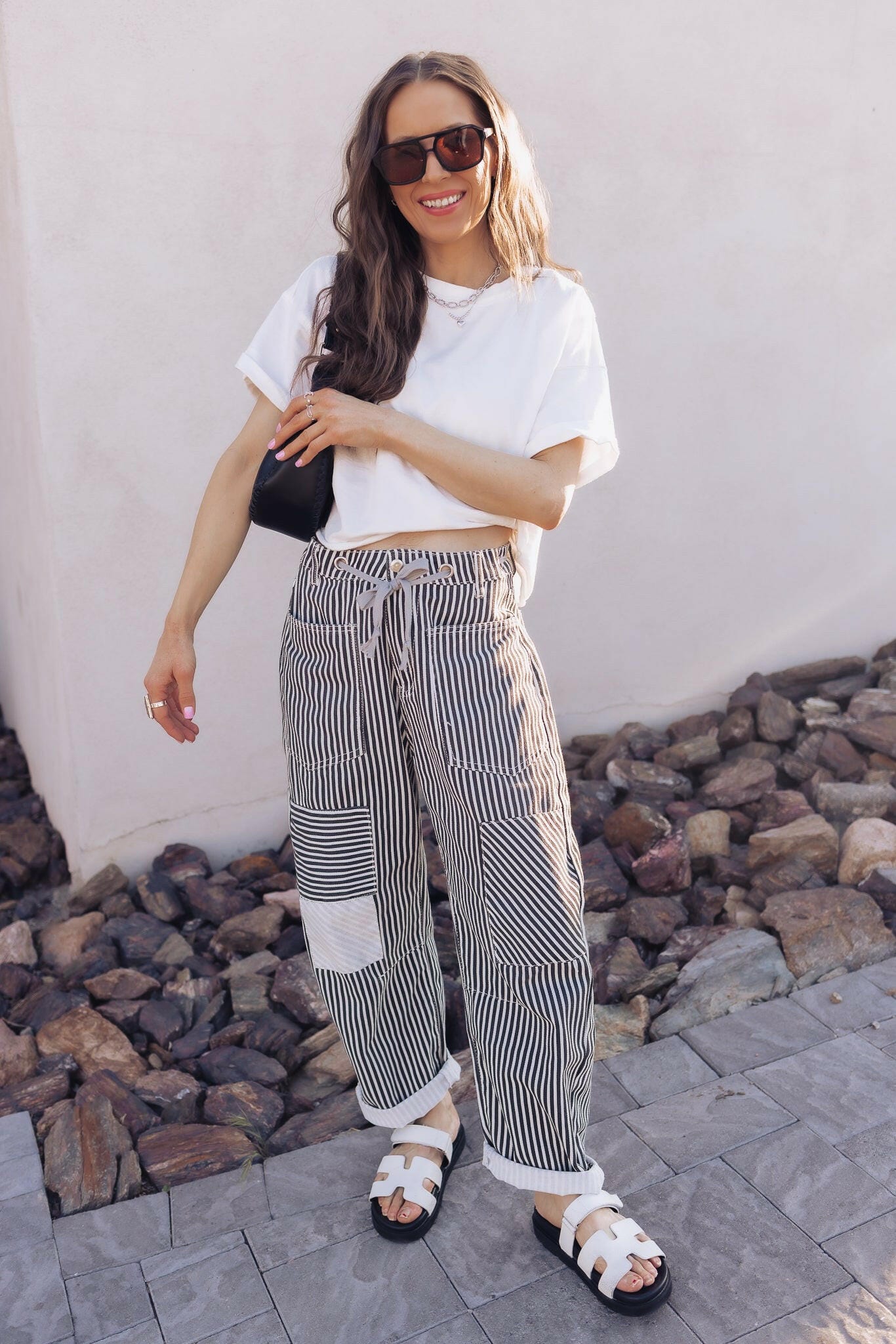 Patchwork Striped Pants with Adjustable Drawstring Waistband