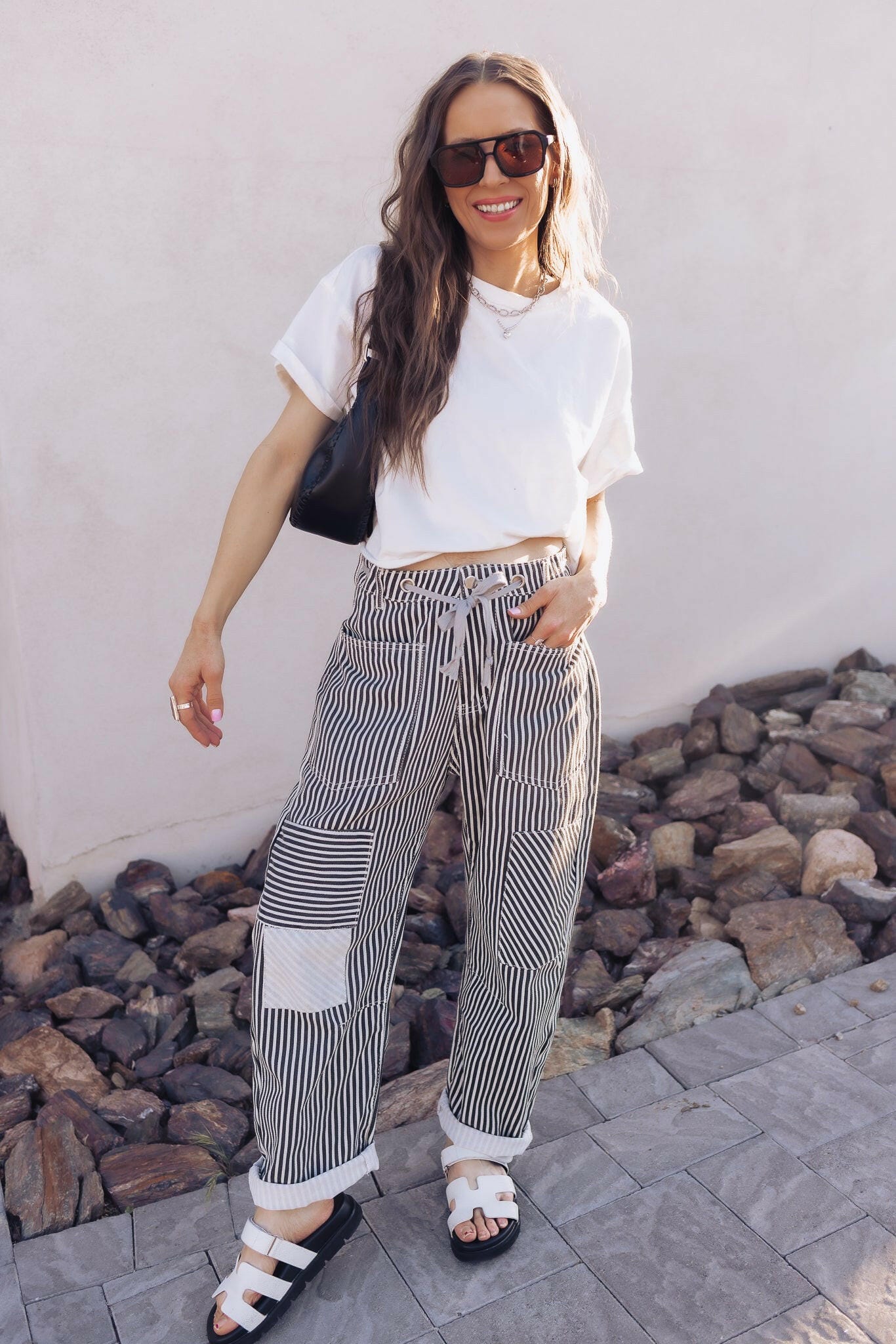 Patchwork Striped Pants with Adjustable Drawstring Waistband