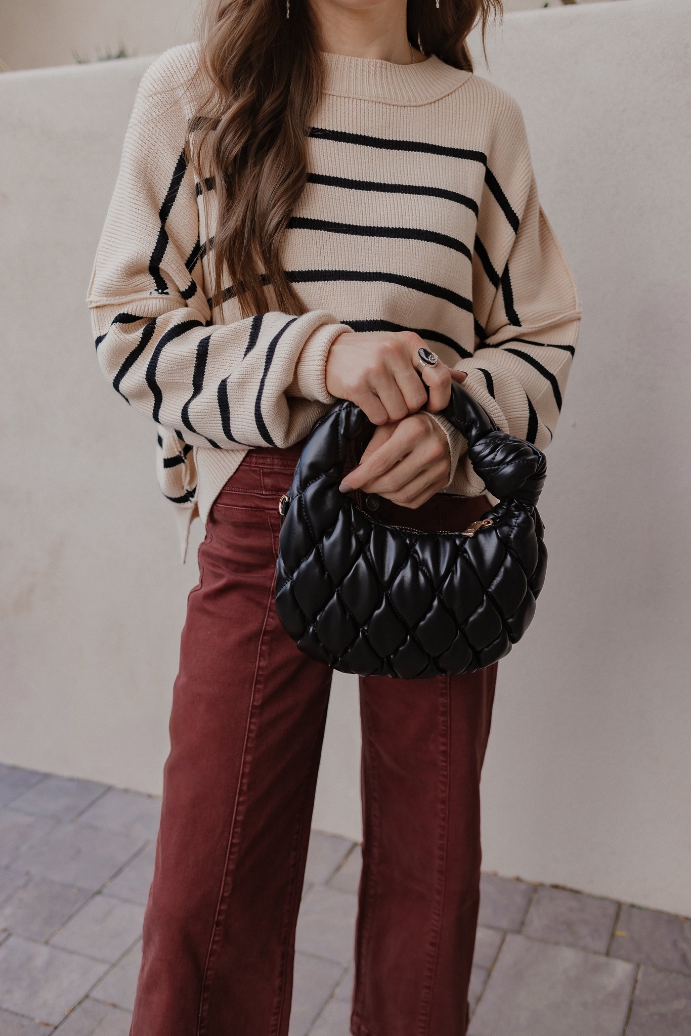 Round Neck Striped Side Slit Lantern Sleeve Sweater-Sweater-Krush Kandy, Women's Online Fashion Boutique Located in Phoenix, Arizona (Scottsdale Area)