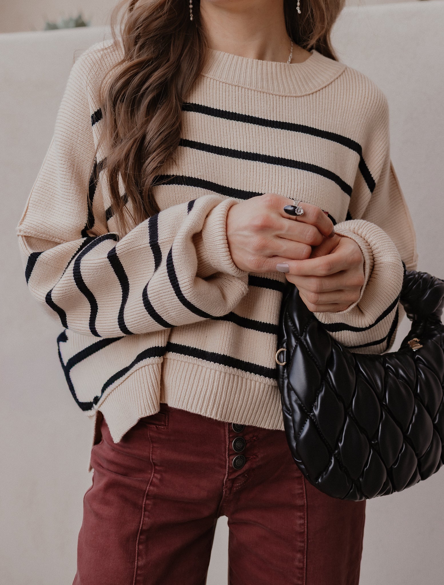 Round Neck Striped Side Slit Lantern Sleeve Sweater-Sweater-Krush Kandy, Women's Online Fashion Boutique Located in Phoenix, Arizona (Scottsdale Area)